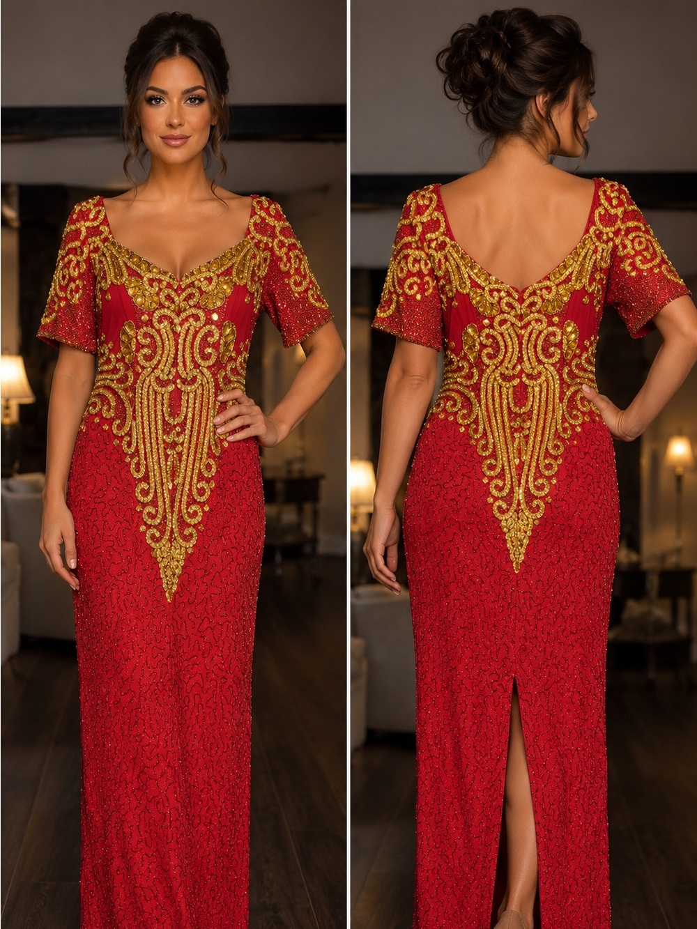 Vintage Milano Silk Red Gold Hand Beaded Gown Dress XL 100% Silk Evening Formal